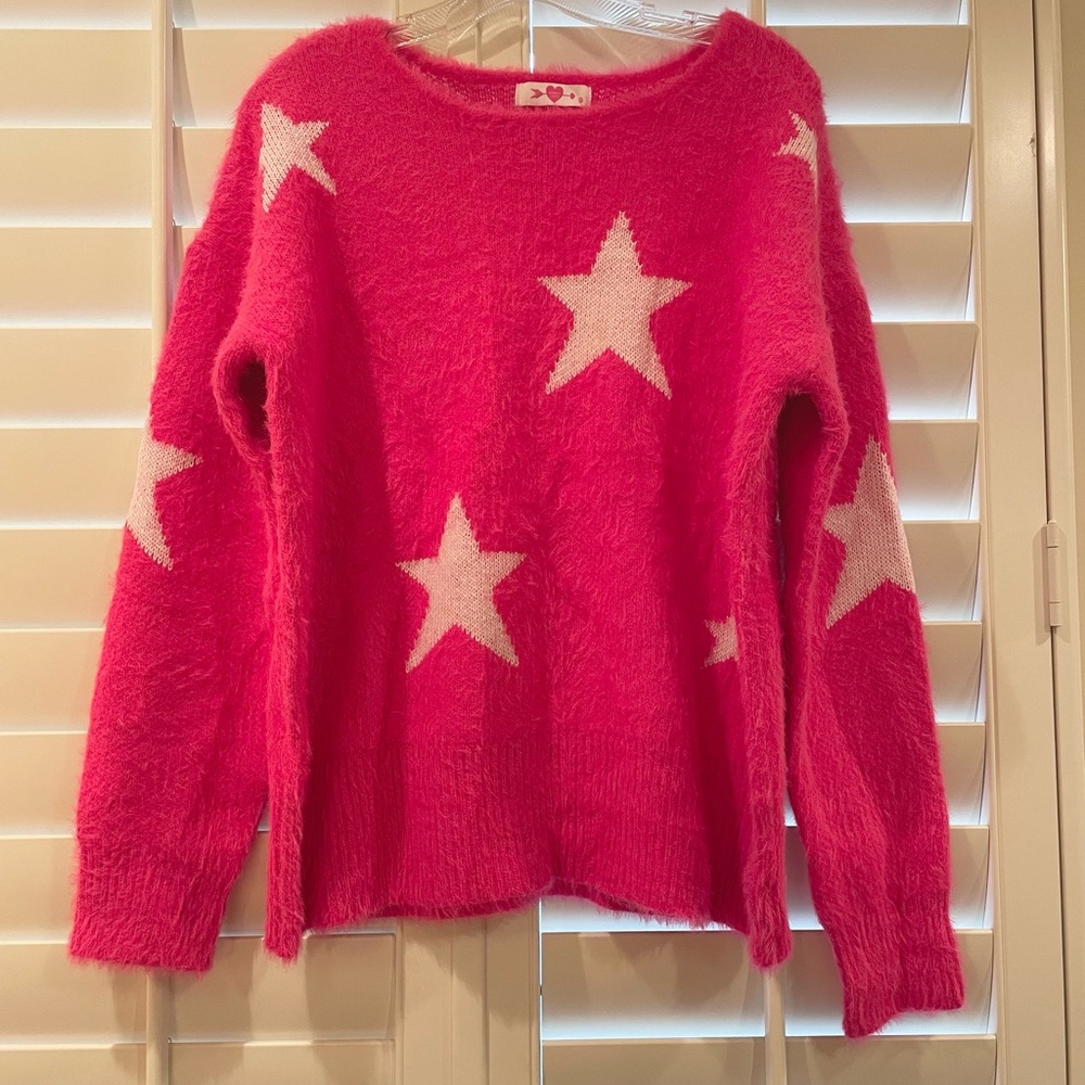 Buddy Love Fuzzy Pink Sweater with White Stars